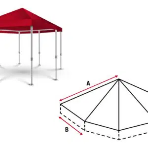 Das Pavillondach (achteckig), ein roter Baldachin mit sechs Beinen, ist neben einem Diagramm abgebildet, das seine Seiten A und B bezeichnet.