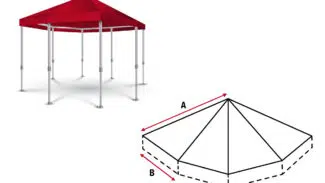 Das Pavillondach (achteckig), ein roter Baldachin mit sechs Beinen, ist neben einem Diagramm abgebildet, das seine Seiten A und B bezeichnet.