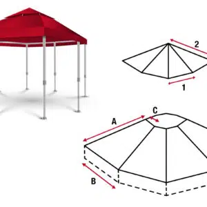 Ein achteckiges rotes "Pavillondach (achteckig) mit Lüftungsdach" mit sechs Beinen, dargestellt neben zwei schwarz-weißen Dachdiagrammen mit den Bezeichnungen A, B und C.