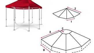 Ein achteckiges rotes "Pavillondach (achteckig) mit Lüftungsdach" mit sechs Beinen, dargestellt neben zwei schwarz-weißen Dachdiagrammen mit den Bezeichnungen A, B und C.