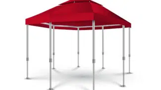 Ein Pavillondach (achteckig) mit Lüftungsdach, rot mit Spitzdach und acht silbernen Metallbeinen, steht auf weißem Hintergrund.