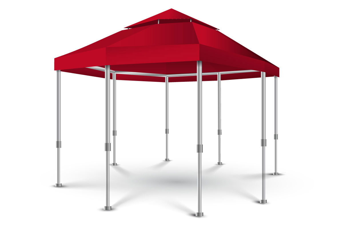 Vor einem weißen Hintergrund steht ein rotes Pop-up-Palaisy-Zelt mit Lüftungsdach und acht Metallbeinen.