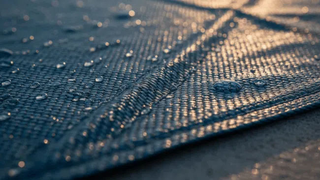 Nahaufnahme einer strukturierten blauen Matte mit Wassertropfen auf der Oberfläche, beleuchtet von weichem, goldenem Sonnenlicht. Das Bild zeigt diagonale Linien und sanfte Reflektionen.