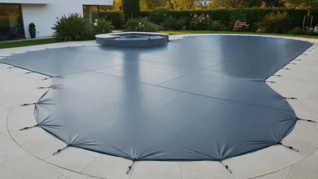 Ein moderner Pool im Garten ist mit einer dichten, dunklen Sicherheitsabdeckung abgedeckt, umgeben von hellen Steinfliesen und einer üppigen Landschaftsgestaltung im Hintergrund.