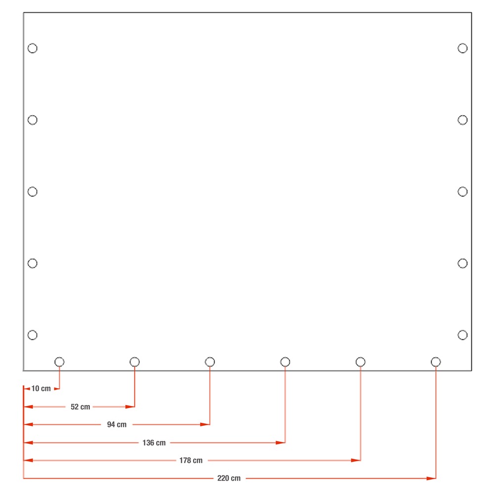 Schema zur Positionierung von Ösen an einer Plane mit eingezeichneten Abständen von der Ecke bis zur Ösenmitte